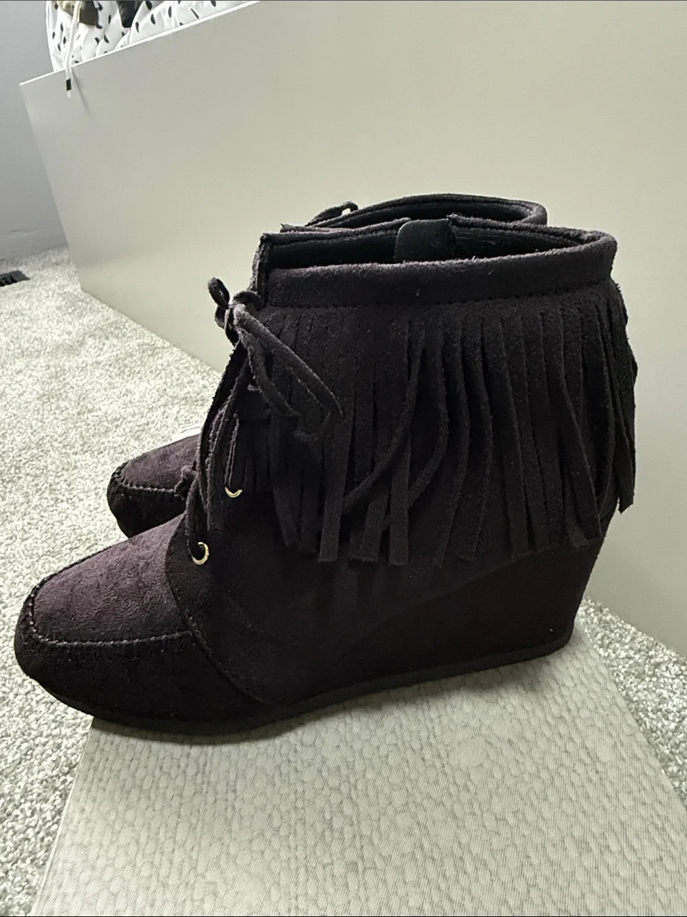 Maurices Black Fringe Wedge Moccasin Ankle Boots